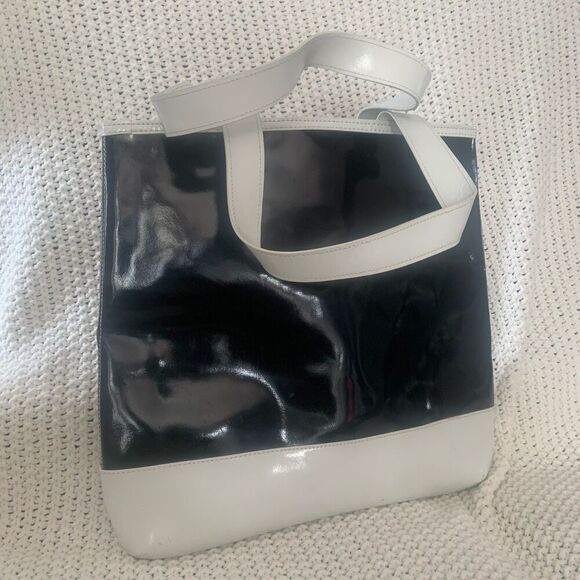 Lands End Patent Leather Mod Tote Bag Black w/White Snap Close Top Cotton Lining - Picture 3 of 16